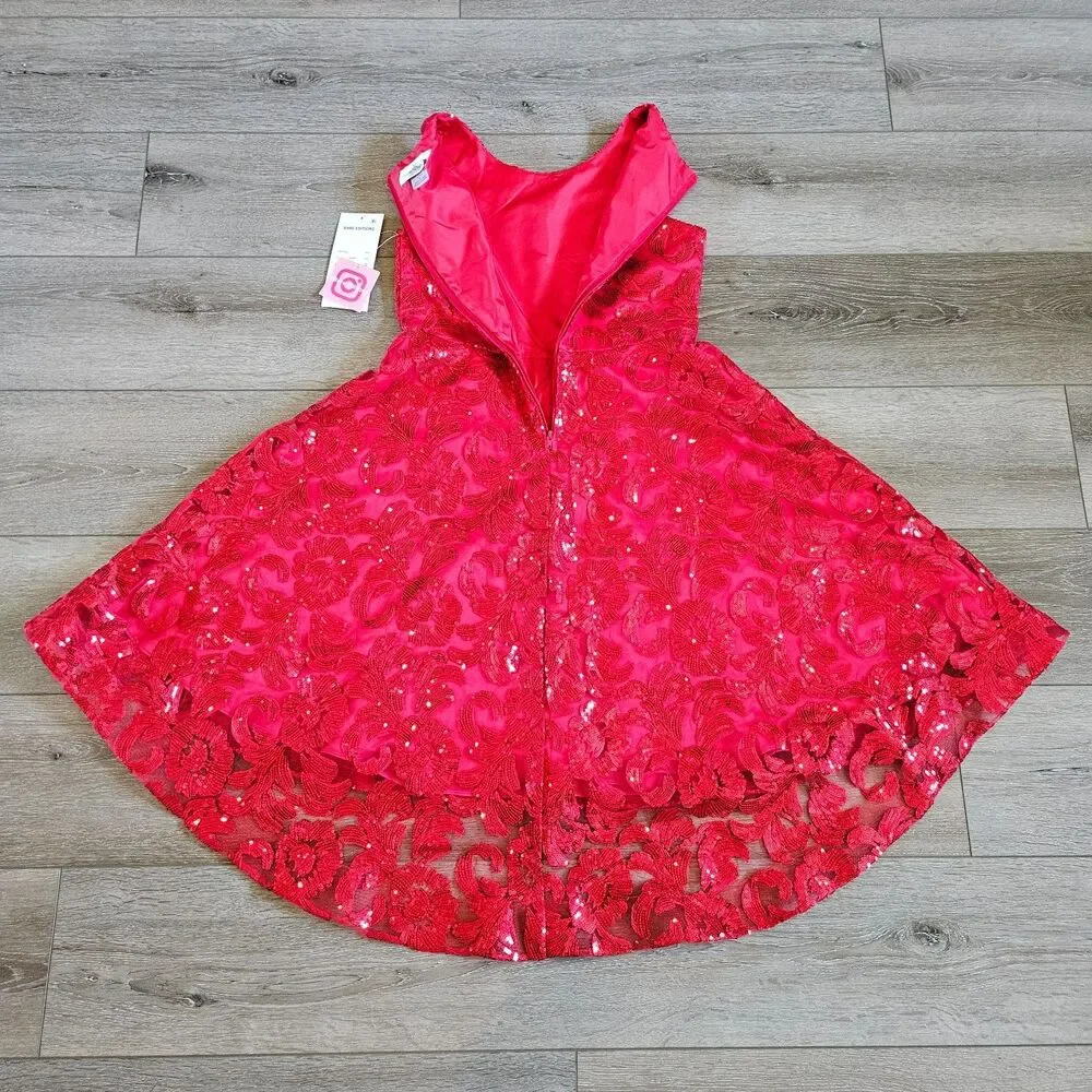 Rare Editions Girls 14 Hi-Low Tulle Sequins Dress Red Floral Party Holiday NWT